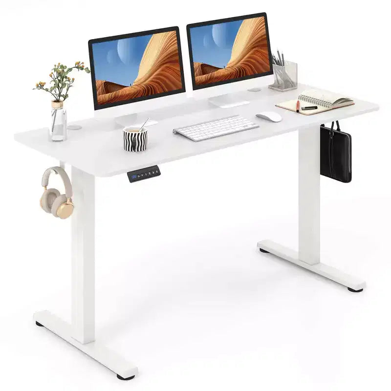 Bureau électrique réglable en hauteur marron / naturel / blanc, monoposte, 140 x 60 cm