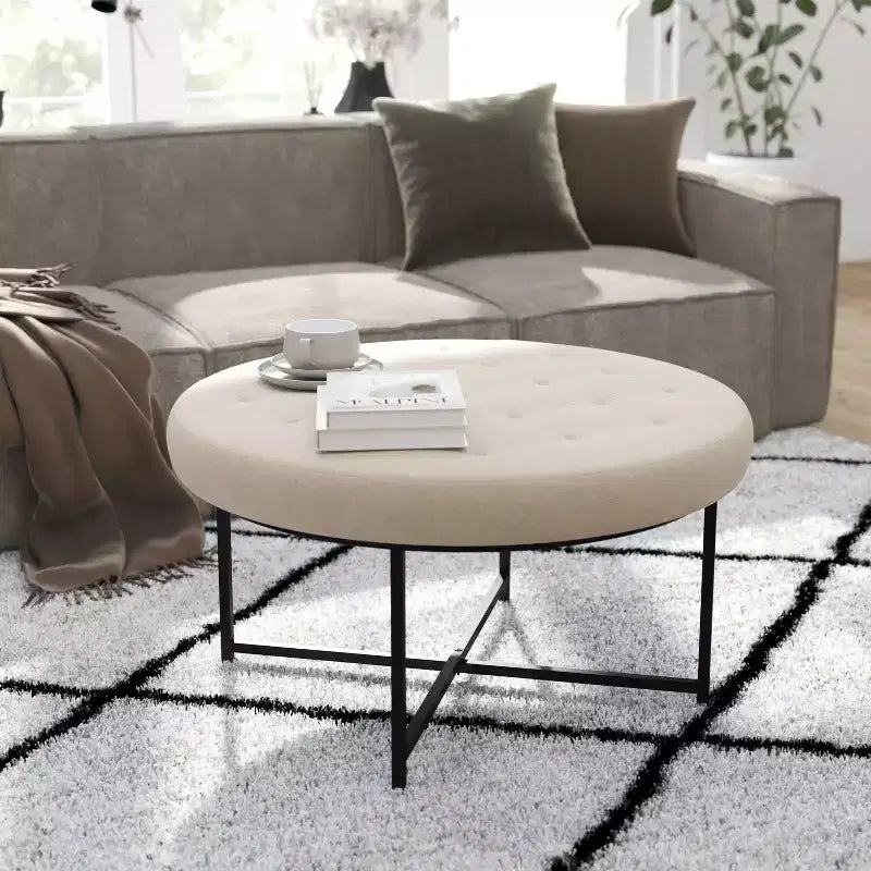 Pouf rond touffeté beige/gris, une place