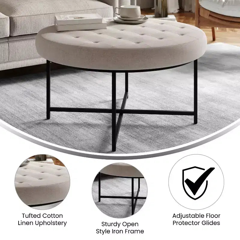 Pouf rond touffeté beige/gris, une place