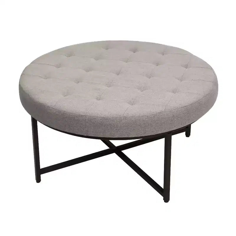 Merrick Lane 34-Inch Round Tufted Cotton Linen Ottoman with Durable Metal Frame
