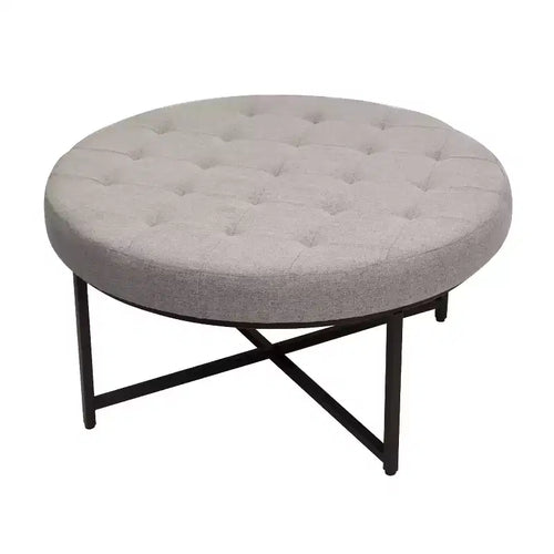 Merrick Lane 34-Inch Round Tufted Cotton Linen Ottoman with Durable Metal Frame