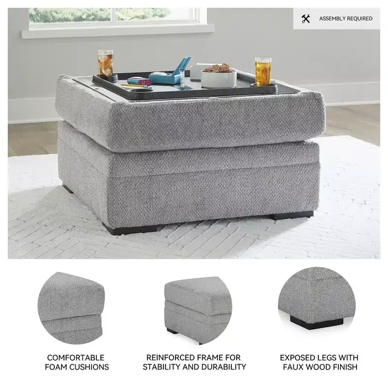 Pouf de rangement capitonné gris clair avec porte-gobelets, 1 place