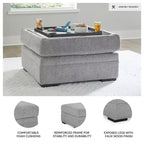 Pouf de rangement capitonné gris clair avec porte-gobelets, 1 place
