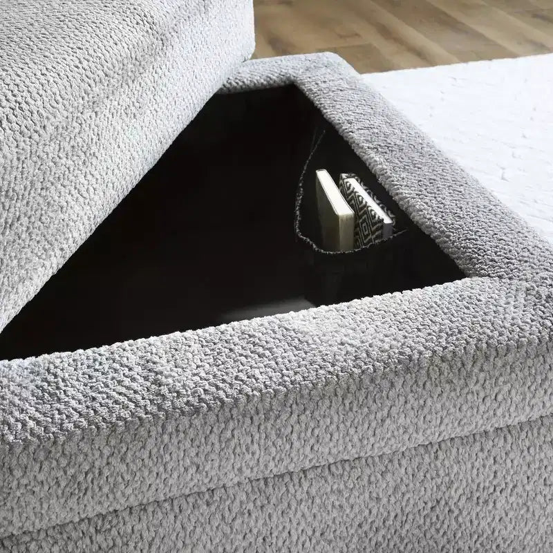 Pouf de rangement capitonné gris clair avec porte-gobelets, 1 place