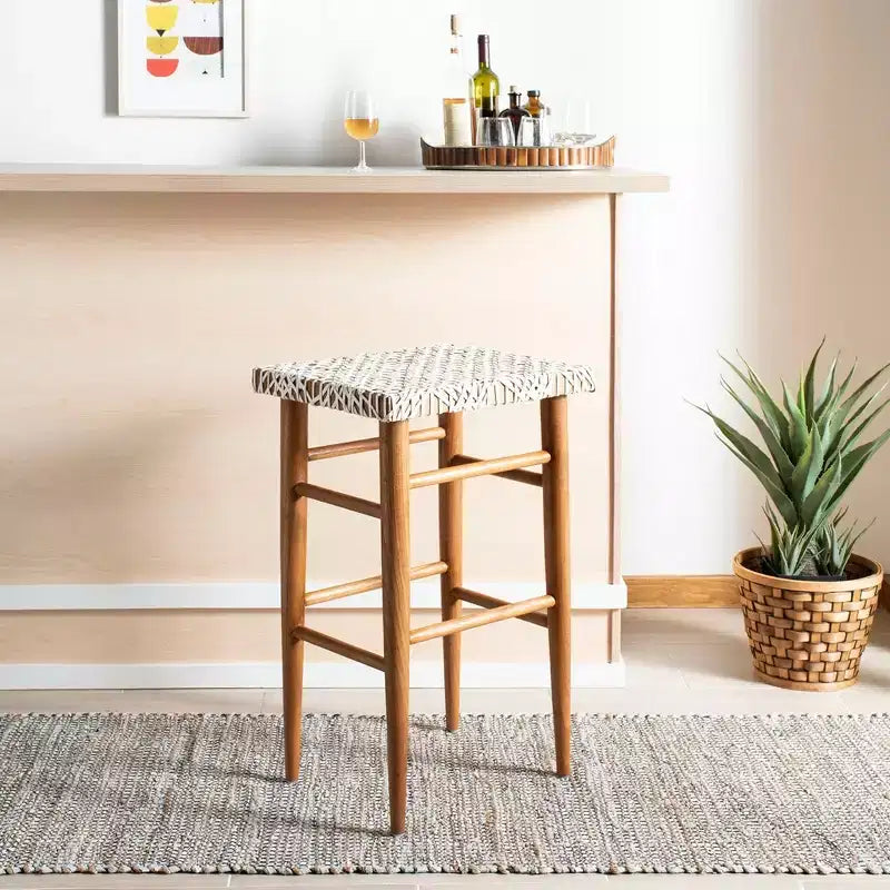Tabouret de bar en cuir tressé blanc, sans dossier ni accoudoirs, 1 place