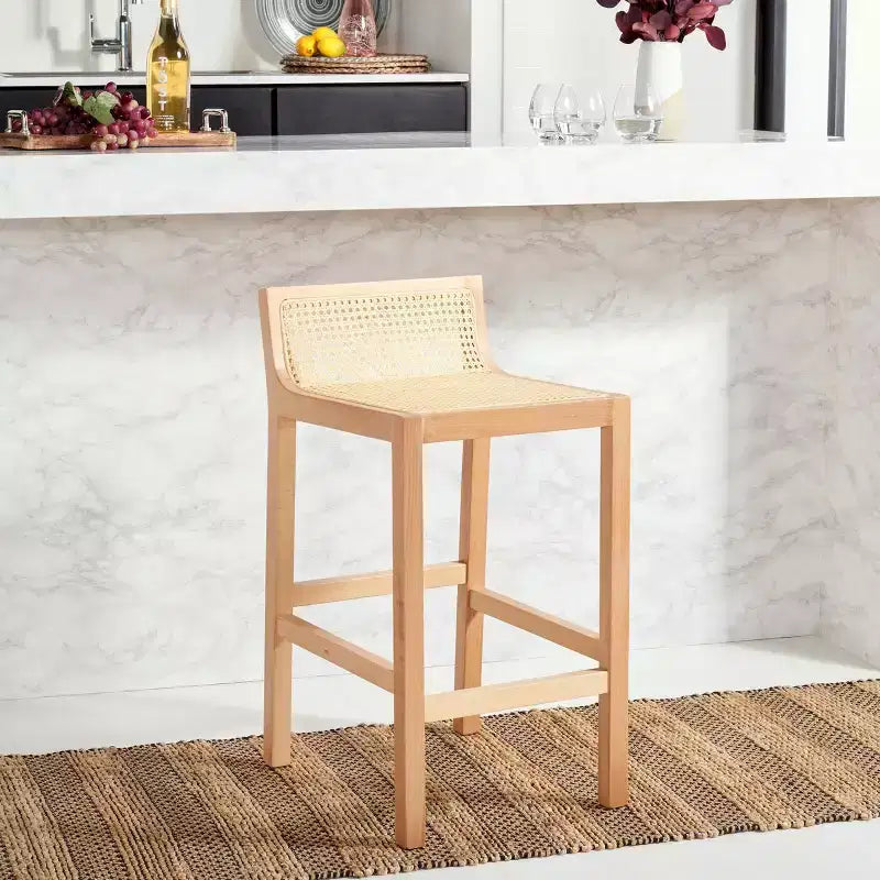 Tabouret de comptoir bas en canne de rotin – Noir / Naturel / Blanc, sans accoudoirs, 1 place