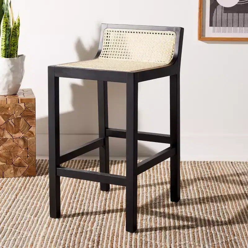 Tabouret de comptoir bas en canne de rotin – Noir / Naturel / Blanc, sans accoudoirs, 1 place