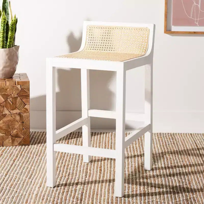 Tabouret de comptoir bas en canne de rotin – Noir / Naturel / Blanc, sans accoudoirs, 1 place