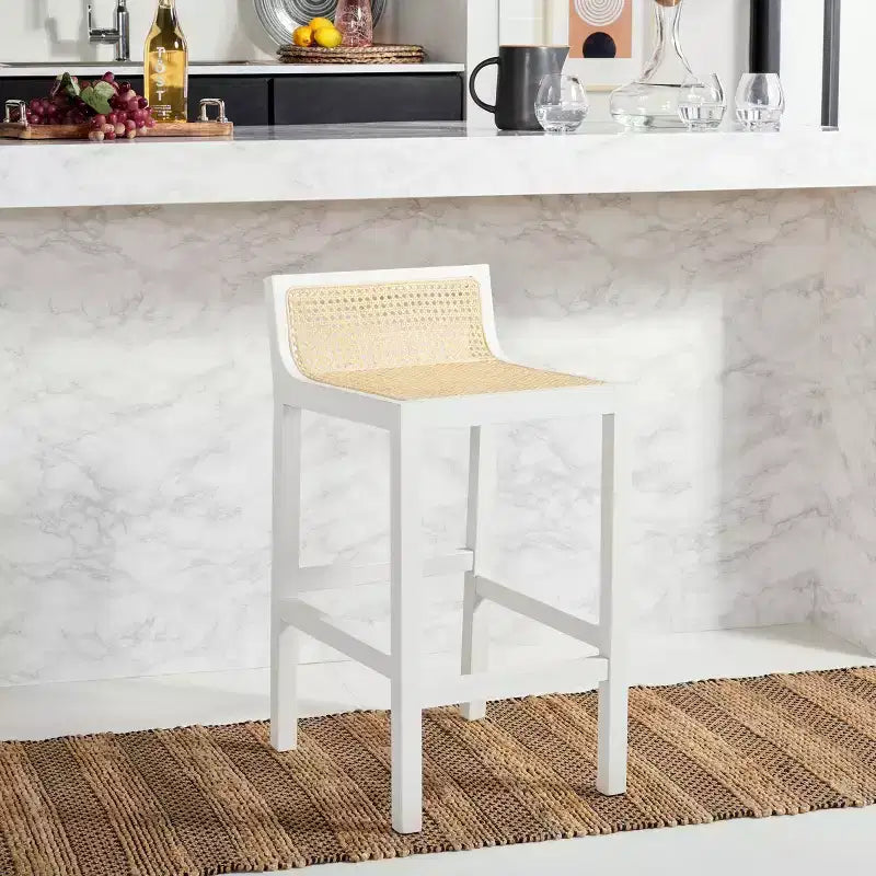 Tabouret de comptoir bas en canne de rotin – Noir / Naturel / Blanc, sans accoudoirs, 1 place