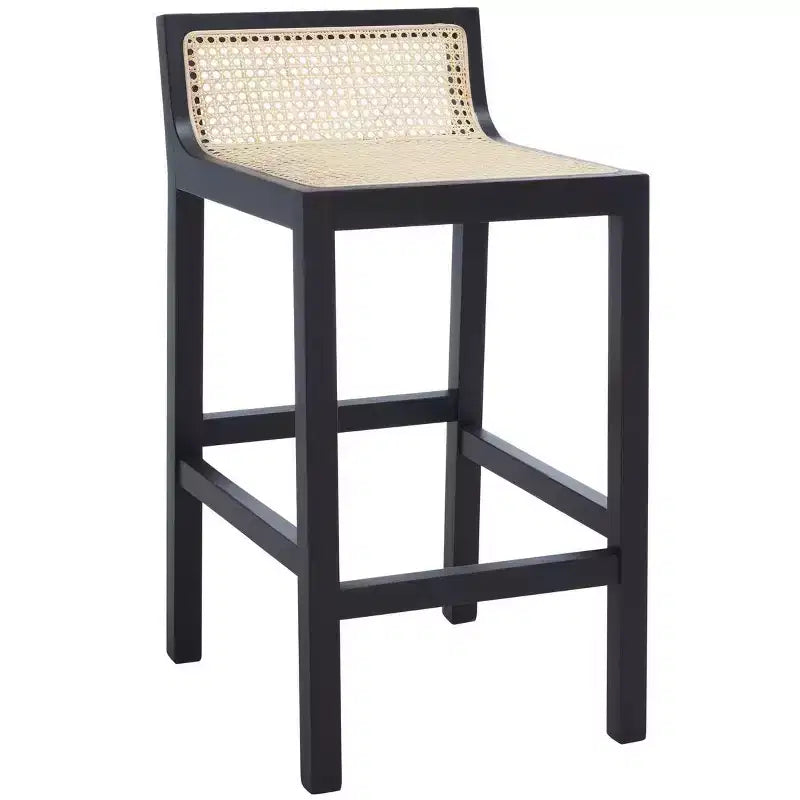 Tabouret de comptoir bas en canne de rotin – Noir / Naturel / Blanc, sans accoudoirs, 1 place