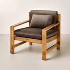 Fauteuil rembourré à structure en bois, Marron / Crème, Siège unique