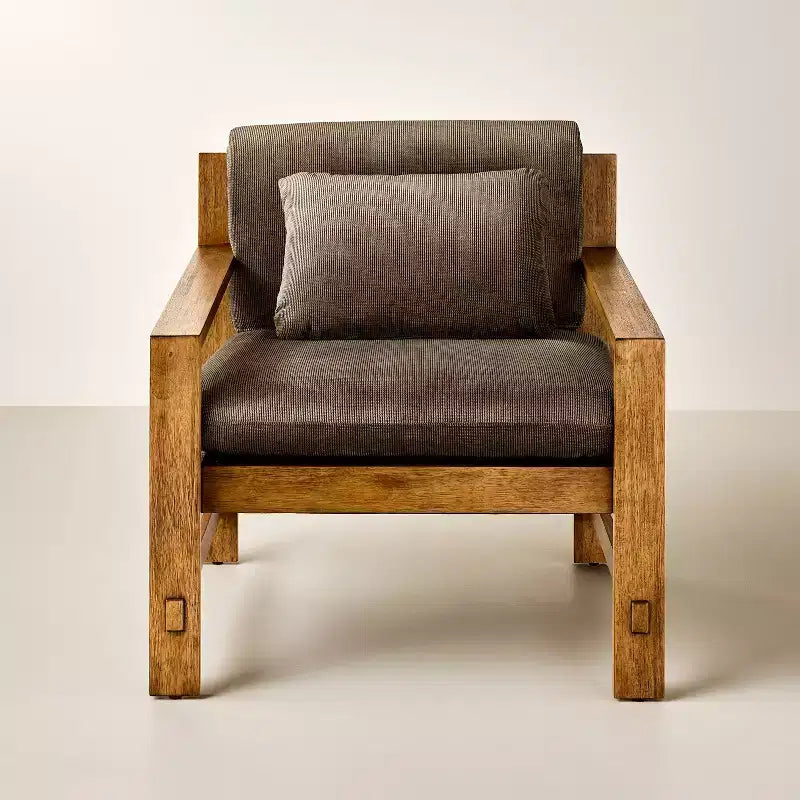 Fauteuil rembourré à structure en bois, Marron / Crème, Siège unique