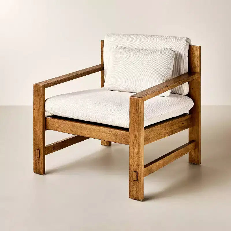 Fauteuil rembourré à structure en bois, Marron / Crème, Siège unique