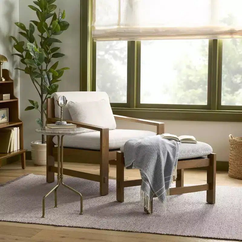 Fauteuil rembourré à structure en bois, Marron / Crème, Siège unique