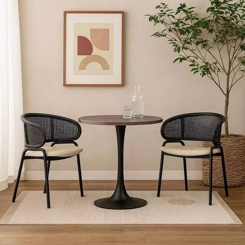 Table à manger ronde à pied central, plateau en MDF, 4 places – Noir / Cognac / Noyer foncé / Naturel clair