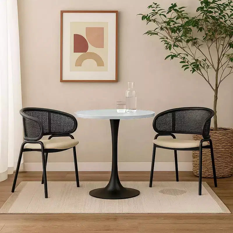 Table à manger ronde à pied central, plateau en MDF, 4 places – Noir / Cognac / Noyer foncé / Naturel clair