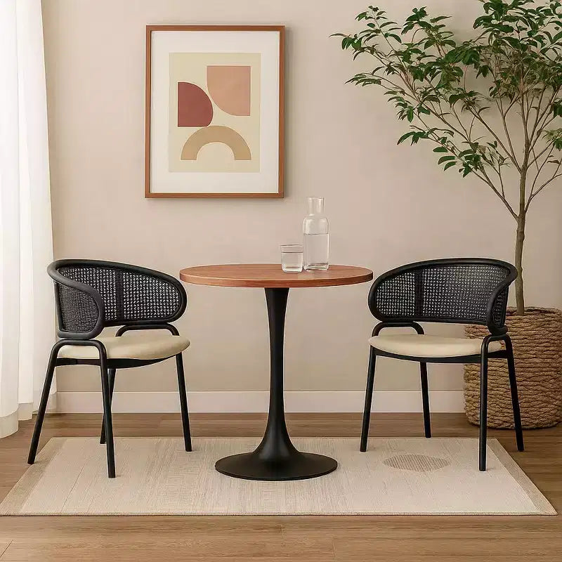 Table à manger ronde à pied central, plateau en MDF, 4 places – Noir / Cognac / Noyer foncé / Naturel clair