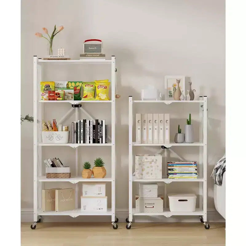 Étagère métallique pliable blanche à 5 niveaux avec roues verrouillables