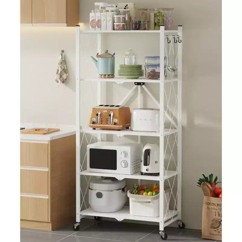 Étagère métallique pliable blanche à 5 niveaux avec roues verrouillables