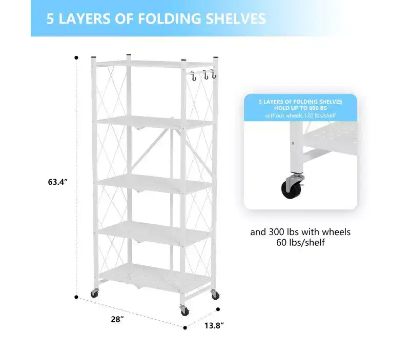 Étagère métallique pliable blanche à 5 niveaux avec roues verrouillables