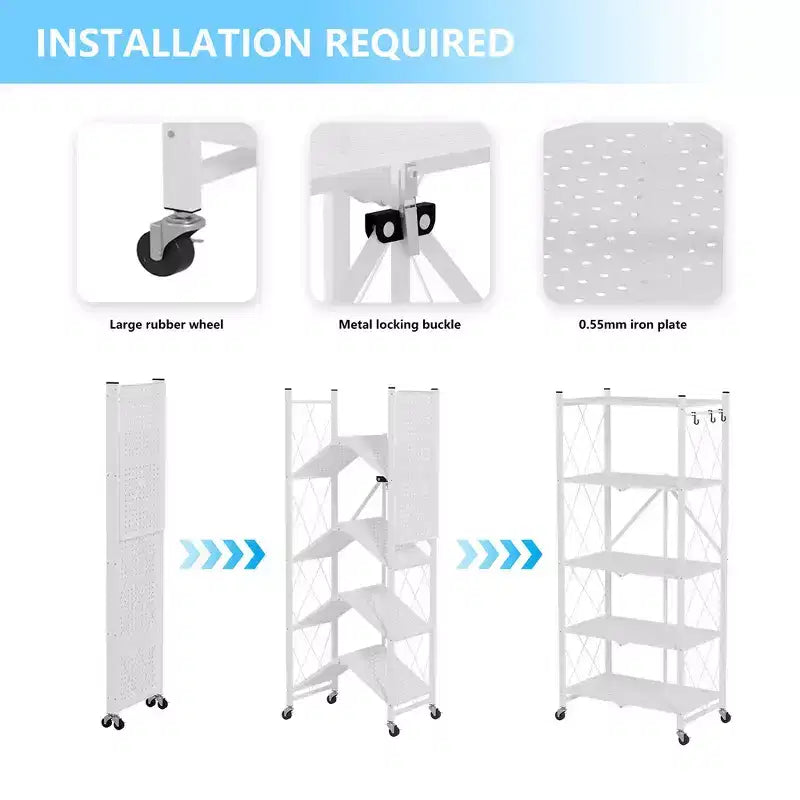 Étagère métallique pliable blanche à 5 niveaux avec roues verrouillables