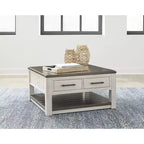 Table basse relevable grise et marron avec tiroirs de rangement, carrée