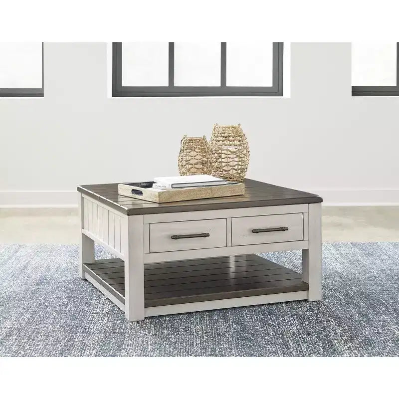 Table basse relevable grise et marron avec tiroirs de rangement, carrée