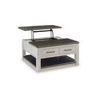 Table basse relevable grise et marron avec tiroirs de rangement, carrée