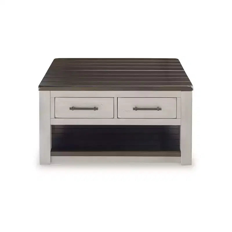 Table basse relevable grise et marron avec tiroirs de rangement, carrée