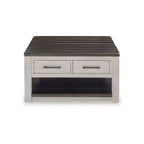 Table basse relevable grise et marron avec tiroirs de rangement, carrée