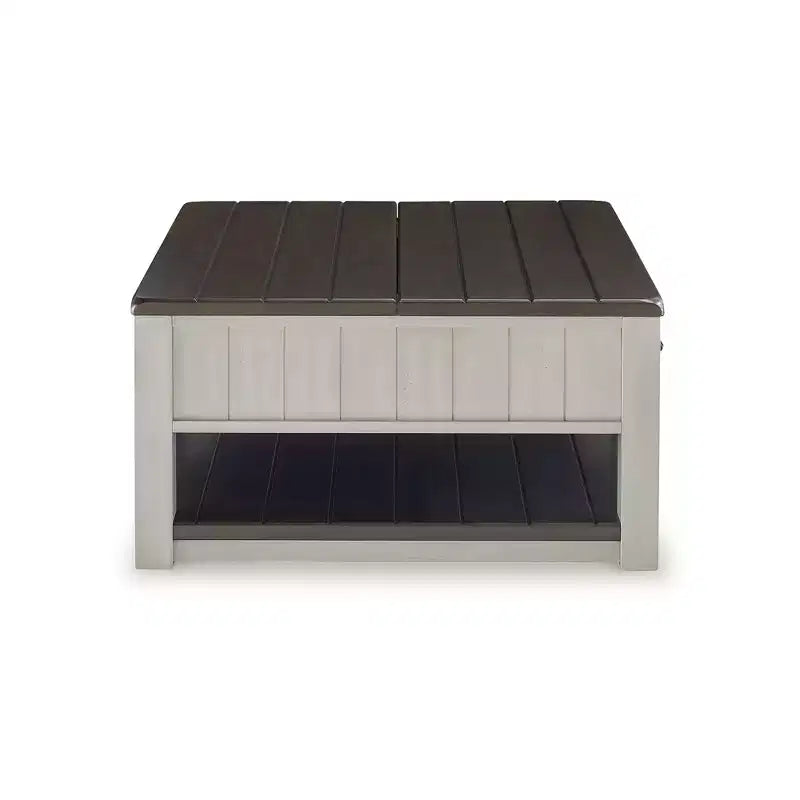 Table basse relevable grise et marron avec tiroirs de rangement, carrée