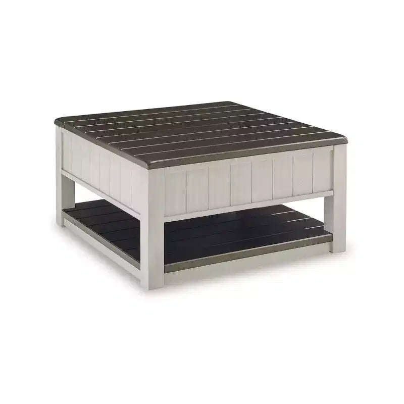Table basse relevable grise et marron avec tiroirs de rangement, carrée