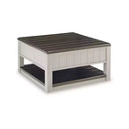 Table basse relevable grise et marron avec tiroirs de rangement, carrée
