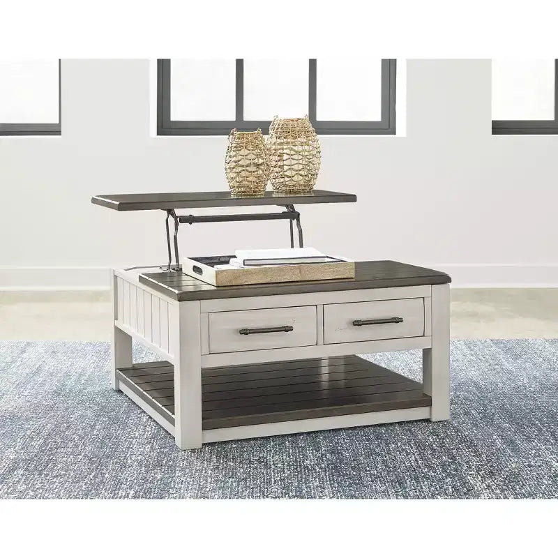 Table basse relevable grise et marron avec tiroirs de rangement, carrée