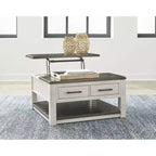 Table basse relevable grise et marron avec tiroirs de rangement, carrée