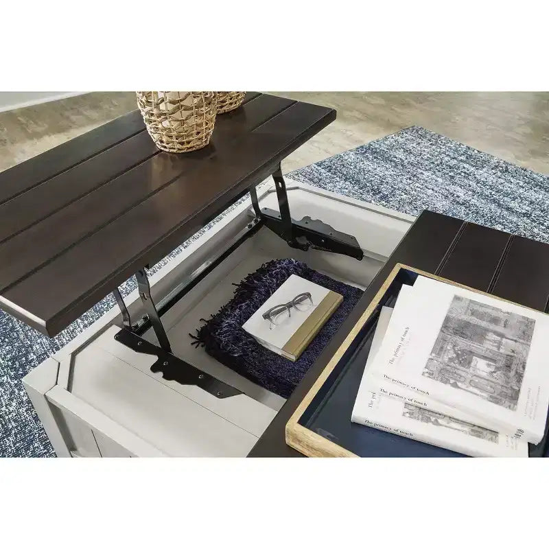 Table basse relevable grise et marron avec tiroirs de rangement, carrée