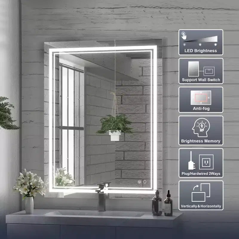 Miroir de courtoisie à LED sans cadre argenté, fixation murale, utilisateur unique – 5 tailles