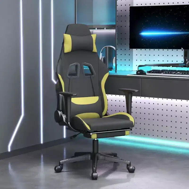 Fauteuil de gaming en tissu noir et vert clair avec repose-pieds, une place