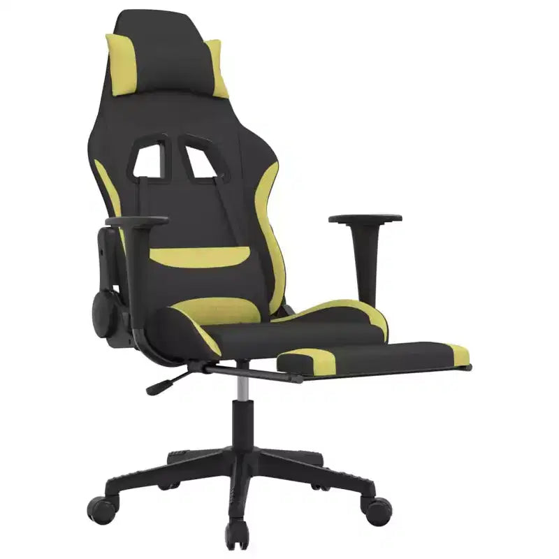 Fauteuil de gaming en tissu noir et vert clair avec repose-pieds, une place
