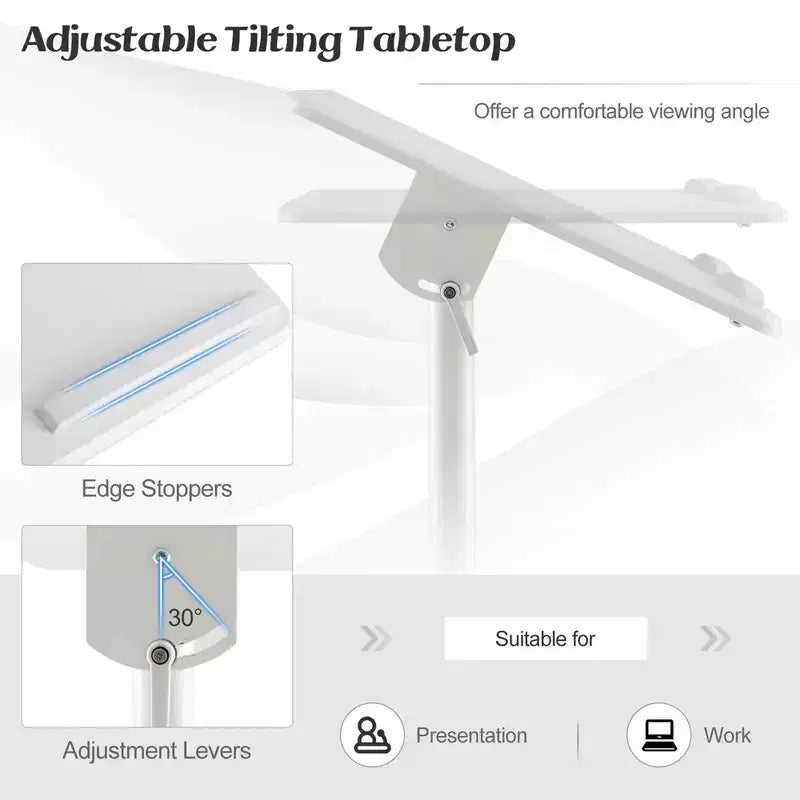 Pupitre mobile blanc avec plateau inclinable et roulettes verrouillables – 1 ou 2 pièces