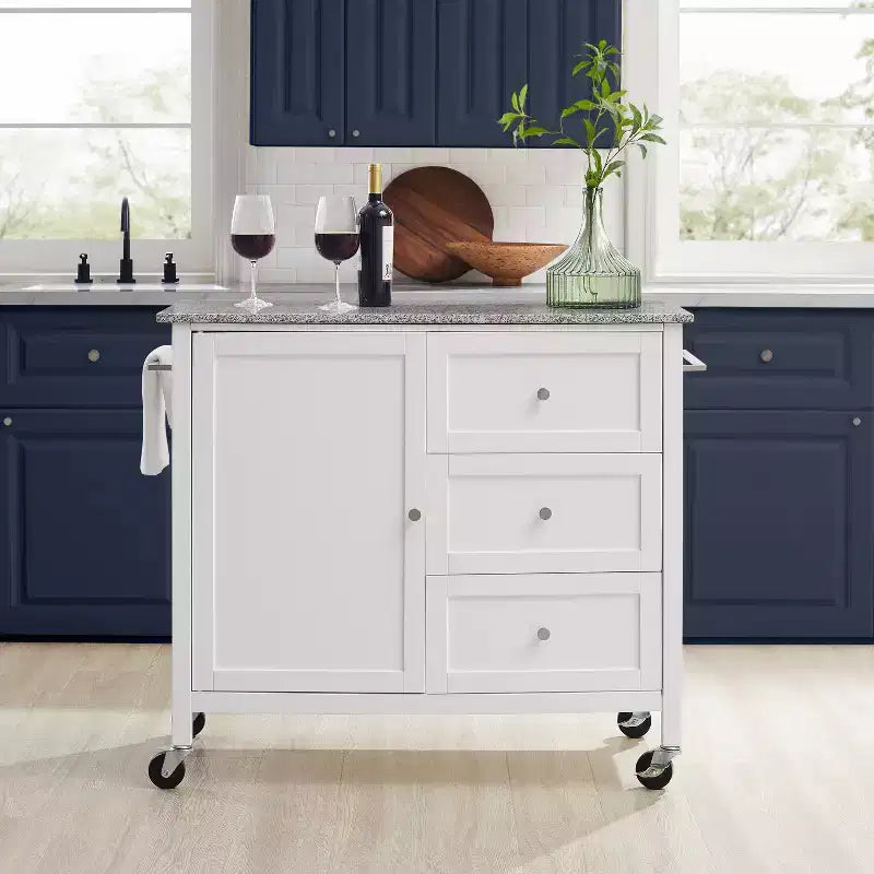 Îlot de cuisine roulant avec dessus en granit, noir/blanc, assemblage 1 personne