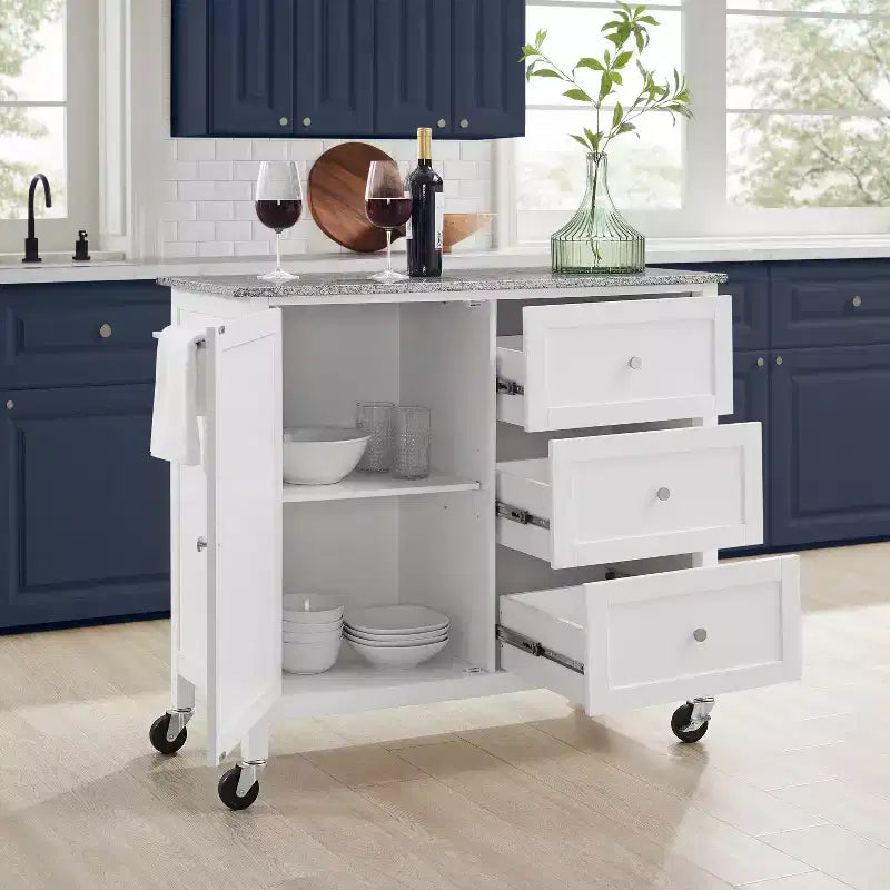Îlot de cuisine roulant avec dessus en granit, noir/blanc, assemblage 1 personne