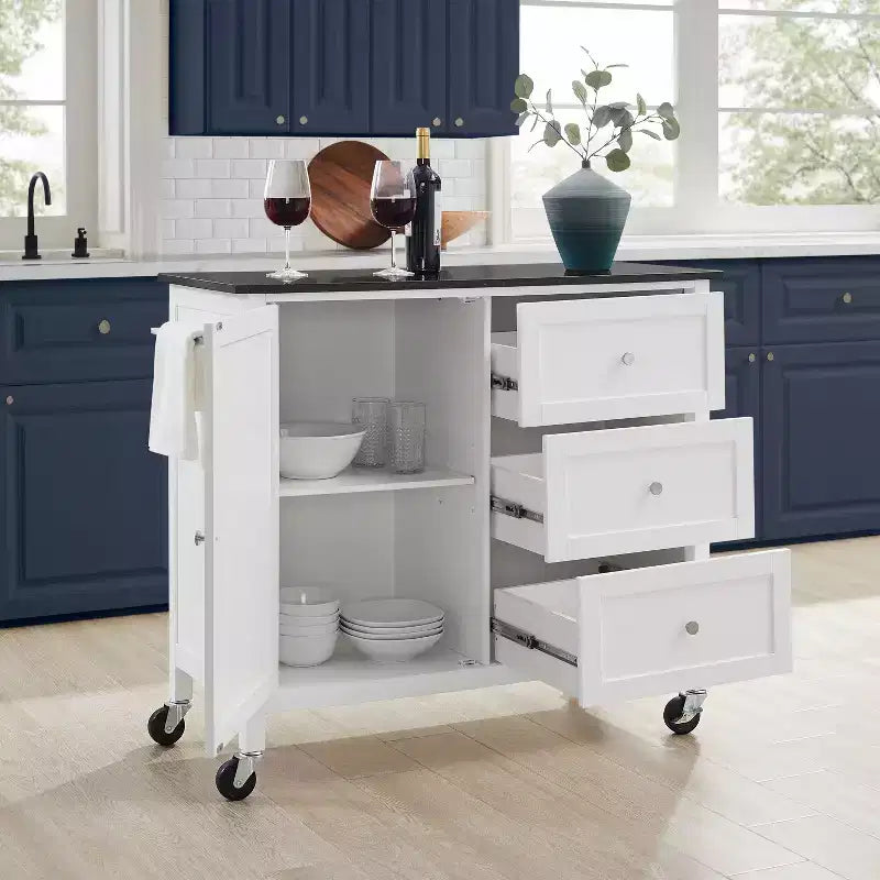 Îlot de cuisine roulant avec dessus en granit, noir/blanc, assemblage 1 personne