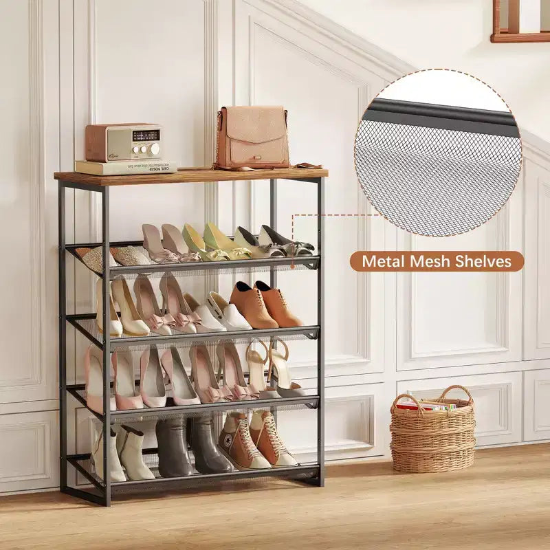 Étagère à Chaussures Marron à 5 Niveaux, Style Industriel, Peut Contenir 15 à 20 Paires