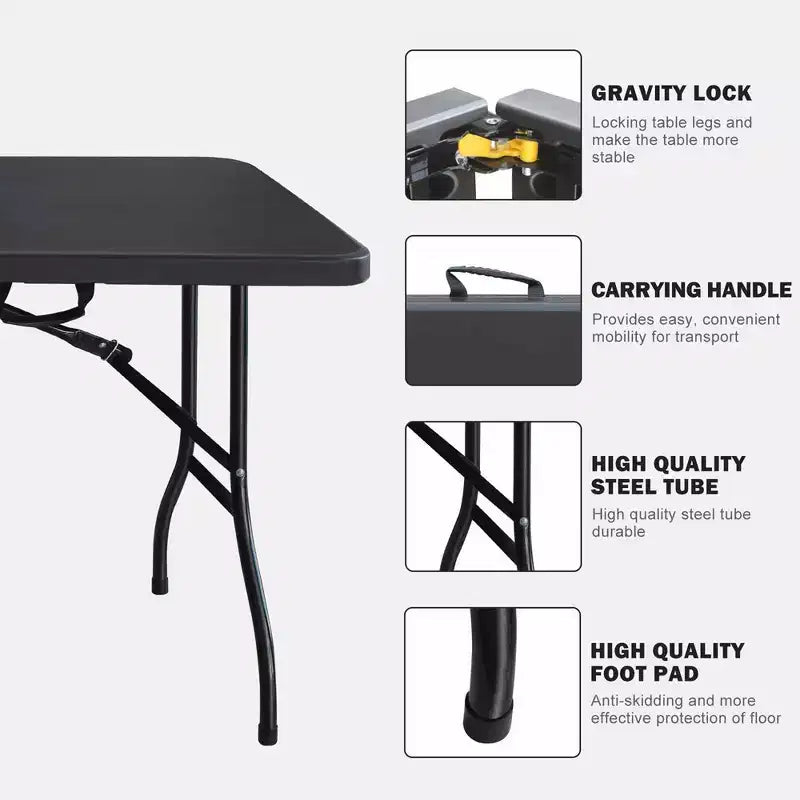 Table pliante noire réglable en hauteur, 1 personne, 1,8 m