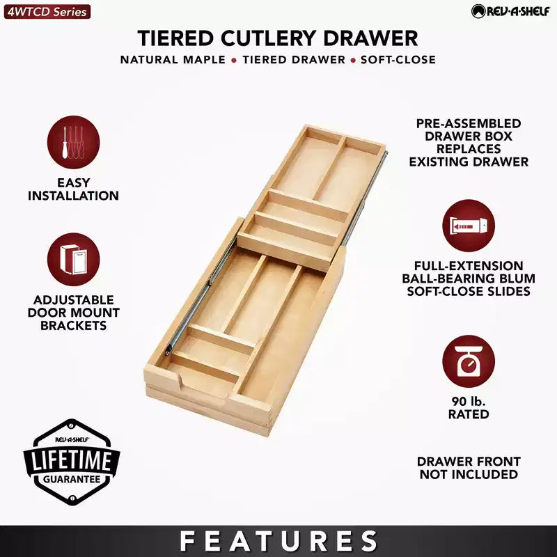 Organisateur de tiroir coulissant en bois avec coulisses à fermeture amortie, érable naturel, 1 tiroir, simple