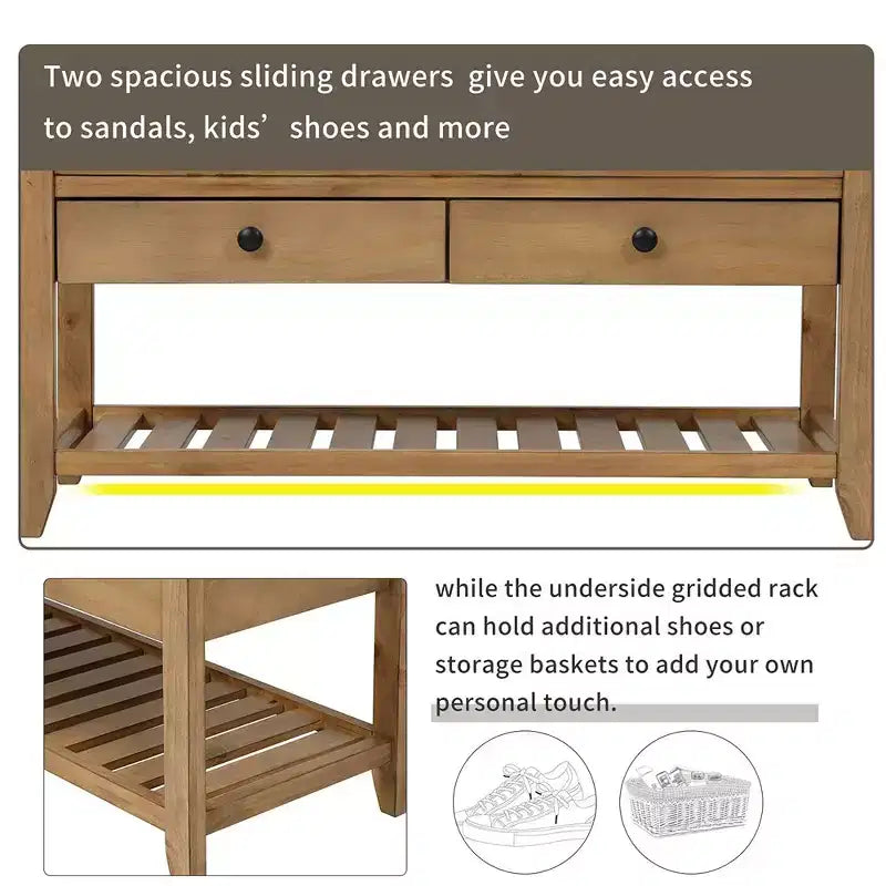 Banc de rangement capitonné 1 personne avec tiroirs Espresso / Pin ancien
