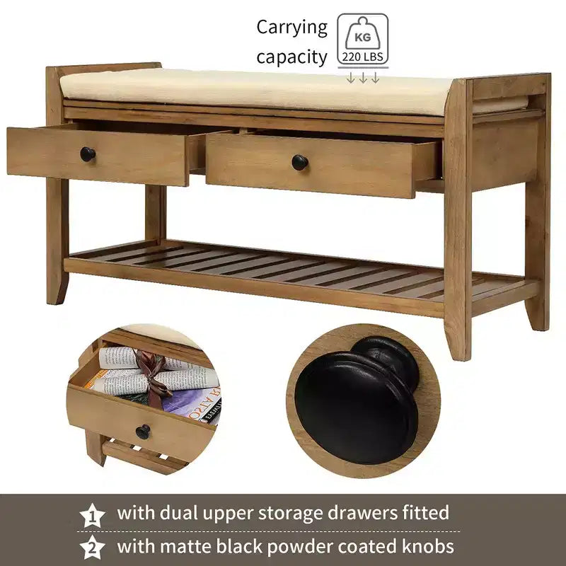 Banc de rangement capitonné 1 personne avec tiroirs Espresso / Pin ancien