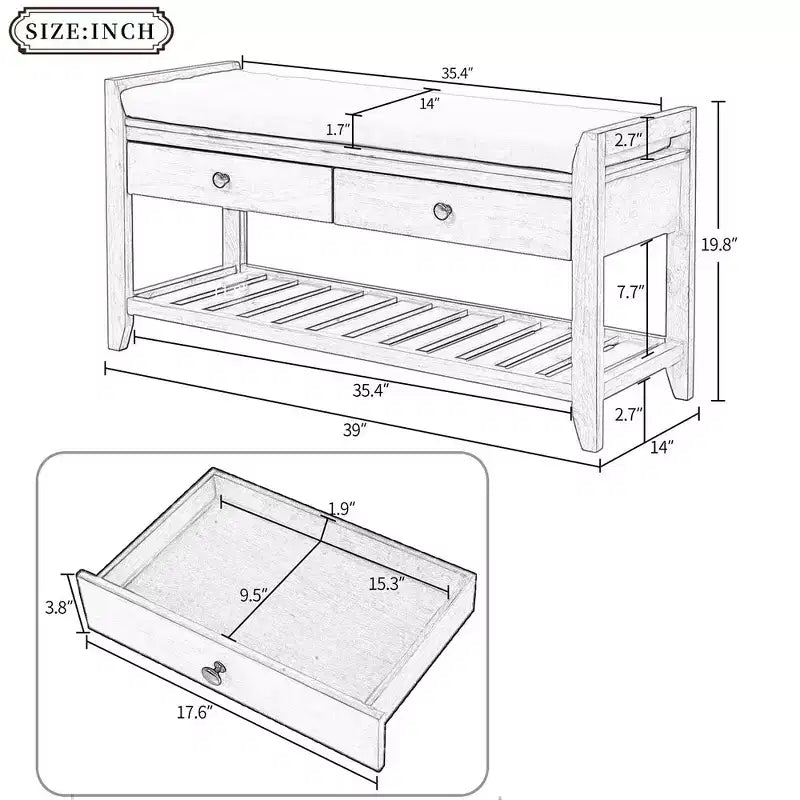 Banc de rangement capitonné 1 personne avec tiroirs Espresso / Pin ancien