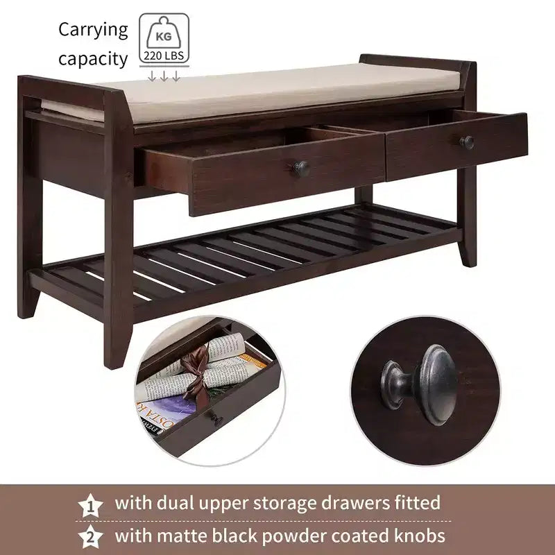 Banc de rangement capitonné 1 personne avec tiroirs Espresso / Pin ancien